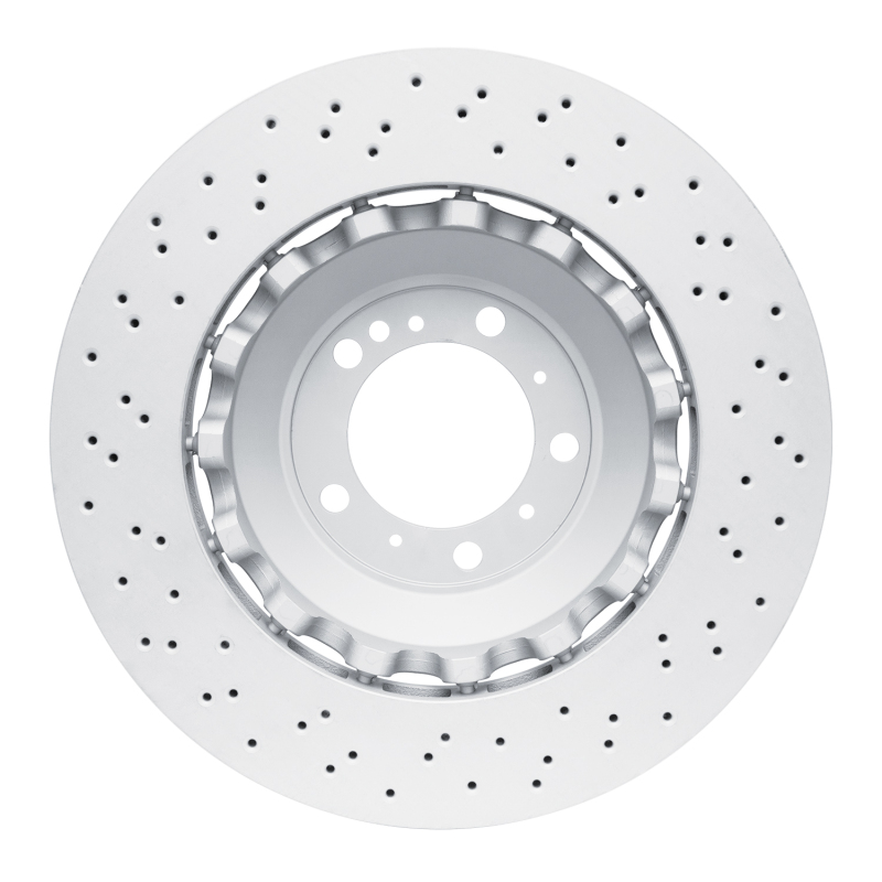 Porsche 718 Cayman Brake Rotor (1) - Right Front - R1 Concepts - Hi-Carbon Alloy GEOMET Coated Rotor - Drilled - `16-`23